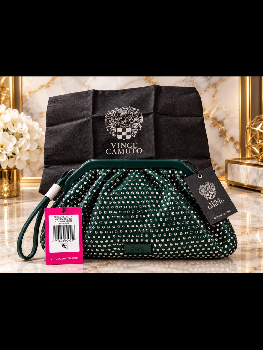 Vince Camuto Baklo Embellished Clutch/cross body in the color "Malachite Suede”